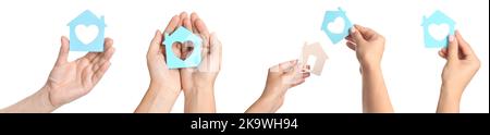 Set di mani femminili con figure di case su sfondo bianco Foto Stock