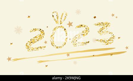 Modello banner per il nuovo anno cinese con numeri con orecchie e sfumature. Stile minimalista, pennello imitazione. Vettore Illustrazione Vettoriale