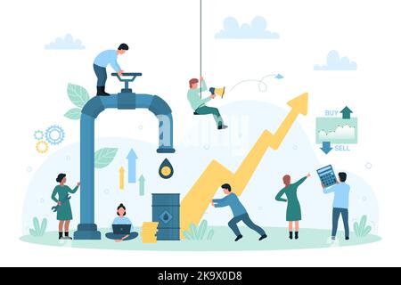 Industria petrolifera, illustrazione vettoriale della regolamentazione dei prezzi finanziari. Cartone animato persone piccole aprire la valvola sulla tubazione di produzione di benzina, trivellazione di controllo e la crescita del prezzo del petrolio greggio, grafico a freccia e grafico aumento Illustrazione Vettoriale