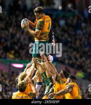 Scozia Ottobre 29th : Nick Frost of Australia vince la line-out durante la partita di Rugby Union Autumn Internationals tra Australia vs Scozia al BT Murrayfield Stadium Scozia 29th Ottobre 2022 Australia 16: Scozia 15 Foto Stock