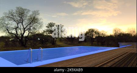 Piscina sul tetto terrazza in legno di una casa di campagna. Illuminazione a LED blu. Le stelle brillano nel cielo notturno. rendering 3d. Foto Stock