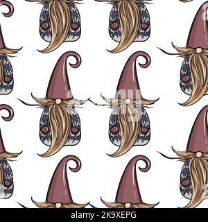 Disegno senza giunture di uno gnome con una barba in un cappello. Capodanno e natale simbolo su sfondo bianco isolato. Illustrazione di alta qualità Foto Stock