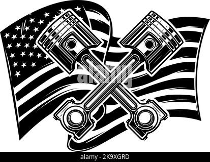 Pistoni incrociati su sfondo bandiera US. Elemento di design per poster, scheda, banner, cartello. Illustrazione vettoriale Illustrazione Vettoriale