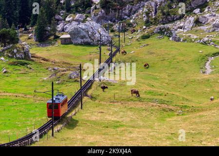 Treno a cremagliera che sale fino alla cima del Monte Pilatus nel Canton Lucerna, Svizzera. La ferrovia a cremagliera più ripida del mondo Foto Stock