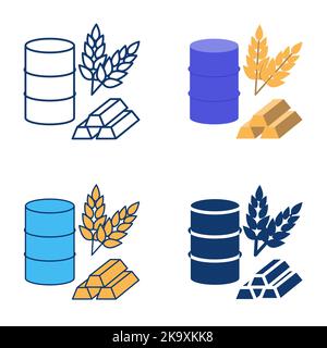 Icona del mercato delle materie prime in stile piatto e lineare. Simboli del petrolio greggio, del grano e dell'oro. Illustrazione vettoriale. Illustrazione Vettoriale