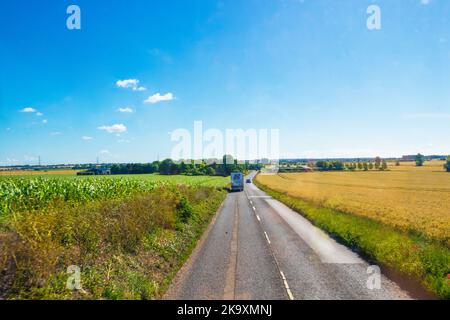 Coltivazioni di cereali maturi campo fertile lungo A28road,UK. La A28 è una strada principale nelle contee del Kent e del Sussex orientale nel sud-est dell'Inghilterra, agosto 2022 Foto Stock
