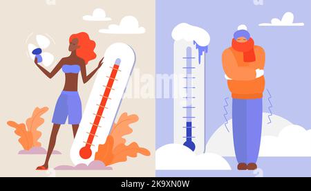 Illustrazione del vettore per temperature estreme fredde e calde. Cartoon ragazza in abbigliamento estivo che tiene ventilatore e termometro ad alta temperatura, persona in abiti caldi congelamento e brivido in inverno sfondo neve Illustrazione Vettoriale