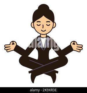 Cartone animato donna di affari meditando in posa di loto. Carino vettore clip art illustrazione, isolato su sfondo bianco. Illustrazione Vettoriale