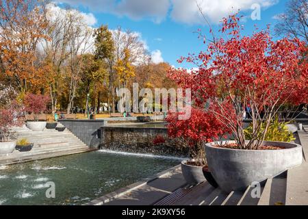 Cascate fontane cascata nel Giardino cittadino Shevchenko con alberi d'autunno rossi. Attrazione turistica nel parco centrale della città, Kharkiv Ucraina Foto Stock