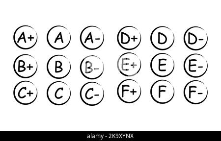 Set di risultati grado tutti. Icona disegnata a mano . Illustrazione del vettore del referto del contrassegno esame di prova . Illustrazione Vettoriale