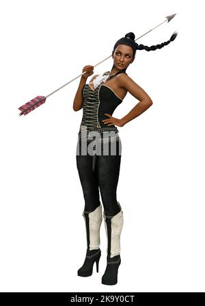 Donna guerriera con capelli intrecciati indossano un abito in oro nero con armatura, lancia di presa, 3D Illustrazione. Foto Stock
