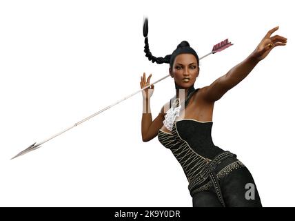 Donna guerriera con capelli intrecciati indossano un abito in oro nero con armatura, lancia di presa, 3D Illustrazione. Foto Stock
