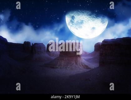 Cielo stellato e luna sopra canyon rosso di notte, 3D Illustrazione. Foto Stock