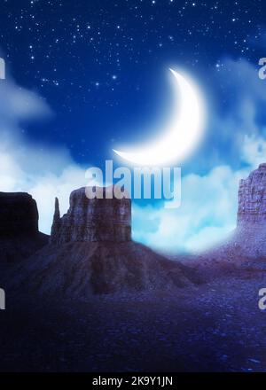 Cielo stellato e luna sopra canyon rosso di notte, 3D Illustrazione. Foto Stock