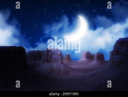 Cielo stellato e luna sopra canyon rosso di notte, 3D Illustrazione. Foto Stock