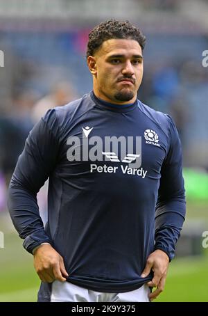 Edimburgo, Scozia, 29th ottobre 2022. Sia Tuipulotu di Scozia prima della partita della serie nazionale autunnale al Murrayfield Stadium, Edimburgo. L'immagine di credito dovrebbe essere: Neil Hanna / Sportimage Foto Stock