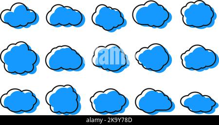 Icone nuvole al neon impostate. Cloud blu, design semplice e alla moda delle bolle. Elementi decorativi creativi d'arte vettoriale. Linee e simboli del cielo Illustrazione Vettoriale