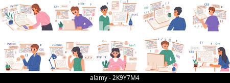 Sviluppatori Web e progetti di generazione del codificatore. Programmazione, seo caratteri di codifica web. Giovani programmatori, piccolo set di vettori per computer geeks femminili e maschili Illustrazione Vettoriale