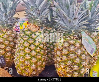 Houston, Texas USA 10-27-2022: Ananas interi su uno stand di mercato in un supermercato locale a Houston, TX. Il marchio sull'etichetta è Grandisimo Gold. Foto Stock
