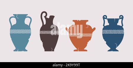 Set di silhouette in vaso rotte. Diverse anfore greche cracked antico con motivo a meandro. Varie forme e forme di vasetto o vaso di ceramica antico Illustrazione Vettoriale