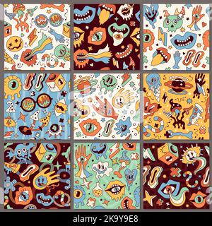 Schemi senza giunture psichedelici. Funky hippy retrò disegno tessile simboli divertenti in colori psicodelici recente modello vettoriale Illustrazione Vettoriale