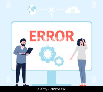 Messaggio di errore del software del computer. Confusione frustrazione delle persone nei confronti del pc. errore 404, guasto dello schermo o guasto operativo. Problemi Internet recenti Illustrazione Vettoriale