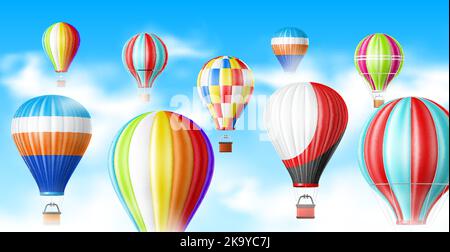 Mongolfiere in cielo. Poster panoramico cielo blu, trasporto aereo realistico con cestini, diversi motivi colorati tessuti, nuvole bianche Illustrazione Vettoriale