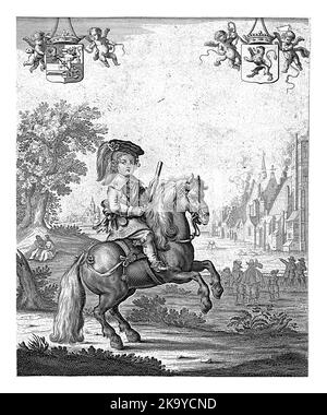 Ritratto equestre di Guglielmo III Sullo sfondo il Buitenhof. In alto a sinistra e a destra uno stemma con corona e putti. Foto Stock