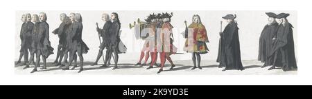 Membri del personale degli Stati generali, con quattro trombe. Nel margine la didascalia in olandese, francese e tedesco. Foto Stock