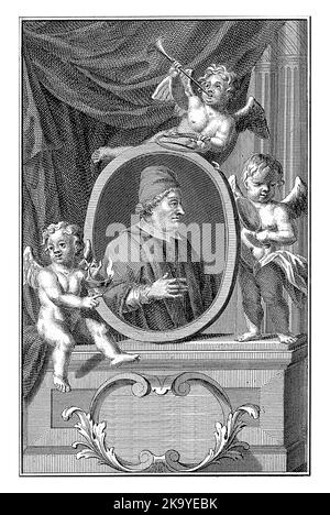 Ritratto di Clemente XI, ordinato Papa il 23 novembre 1700. Intorno alla cornice con la sua immagine tre putti con simboli dell'eternità in mano. Foto Stock