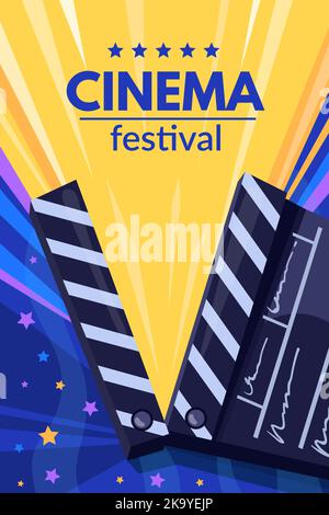 Poster degli eventi cinematografici. Cinema festival banner, film clapper pubblicità sfondo premiere film cinematografia produzione spettacolo notturno evento spettacolo, cartoon vettoriale illustrazione Illustrazione Vettoriale