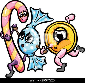 Dolci natalizi Canne caramella e dolci e cioccolato Penny Cartoon personaggi come un logo o Mascot Design Illustrazione Vettoriale