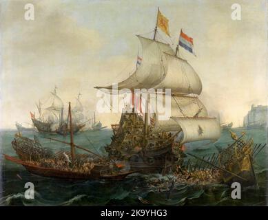 Navi olandesi che sbattono le galee spagnole al largo della costa fiamminga nell'ottobre 1602, Pittura di Hendrick Cornelisz Vroom Foto Stock