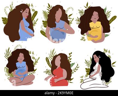 Donna incinta felice sullo sfondo di fiori e foglie. Collezione di donna incinta. Carattere femminile in stile piatto. Concetto di maternità, salute e gravidanza. Illustrazione vettoriale Illustrazione Vettoriale