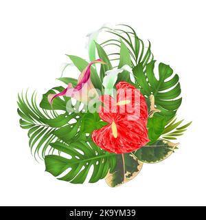 Allestimento floreale bouquet con fiori tropicali con belle ninfee Cala e anthurium, palma, filodendro e ficus vintage vettoriale illustrazione e Illustrazione Vettoriale