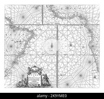 Carta dei passaporti della parte meridionale dell'Oceano Atlantico con le coste dell'Africa e del Brasile e le isole di Capo Verde, con due rose a bussola, la N Foto Stock