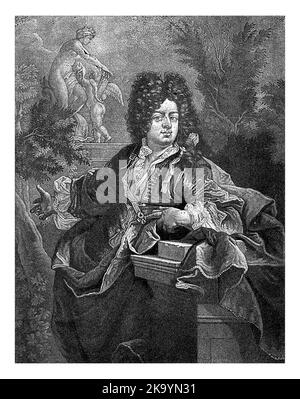 Ritratto di Gottfried Kneller, Pieter Schenk (i), 1670 - 1713 il disegnatore e pittore Gottfried Kneller si trova in un giardino ornamentale di fronte ad un Foto Stock