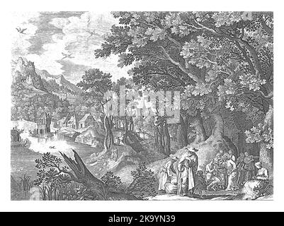 Paesaggio con Cristo che guarisce un uomo cieco, Jan van Londerseel, dopo Nicolaes de Bruyn, dopo Gilles van Coninxloo (II), 1652 - 1702 Cristo pence Th Foto Stock