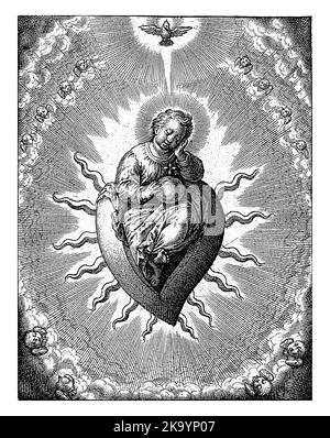 Virtù del cuore, Hieronymus Wierix, 1563 - prima del 1619 il bambino di Cristo addormentato siede su un cuore fiammeggiante, circondato da cherubini. In cima il ho Foto Stock