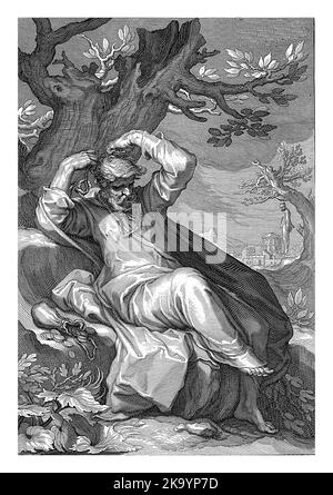 Judas Iscariot si appende, Willem Isaacsz. Van Swanenburg, dopo Abraham Bloemaert, 1611 Judas Iscariot siede sotto un albero e lega una corda intorno a hi Foto Stock