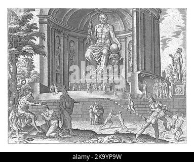 La statua di Zeus si trovava all'interno del Tempio dorico di Olympia, sul Peloponneso greco. Fu costruito intorno al 433 a.C. e fu realizzato dallo scultore ateniese Foto Stock