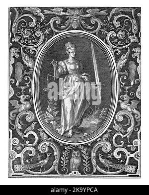 Foglio 4 di una serie di 4 fogli numerati con decorazioni superficiali. Justitia, personificazione della Giustizia, in piedi ovale. Nella parte inferiore del telaio Foto Stock