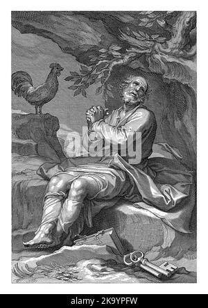 Petrus, Willem Isaacsz. Van Swanenburg, dopo Abraham Bloemaert, 1609 - 1611 Petrus siede con le mani piegate su una roccia sotto un albero. Da davanti Foto Stock