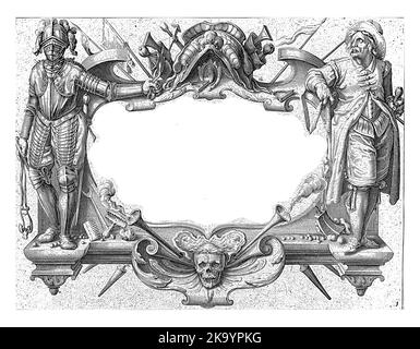 Un testo latino in una cartouche. A sinistra una figura in armatura (un cavaliere, secondo le redini che tiene in mano), a destra un soldato senza a. Foto Stock
