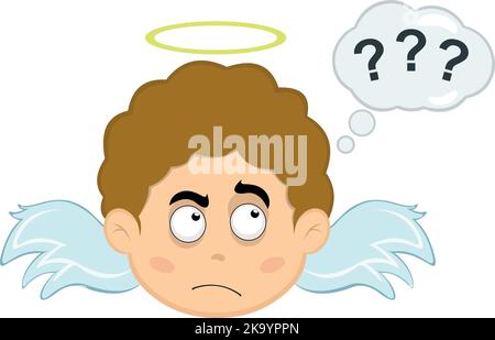 Illustrazione vettoriale del volto di un angelo bambino Cartoon con un pensiero espressione o dubbio, con una nuvola di pensiero con punti interrogativi Illustrazione Vettoriale