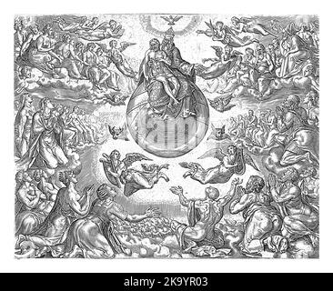 Adorazione della Trinità, Johannes Wierix, dopo Maarten van Heemskerck, 1569 - 1573 la Trinità è adorata da uomini e angeli. Foto Stock