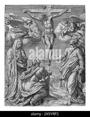 Cristo sulla croce, fiancheggiato da due angeli, Hieronymus Wierix, dopo Pompeo Cesura, 1563 - prima 1619 Cristo pende sulla croce, da entrambi i lati un an Foto Stock