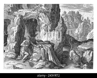 San Girolamo come Penitente nel deserto, Antonie Wierix (II), dopo Tiziano, 1565 - 1604 San Girolamo si inginocchia davanti a un crocifisso nel deserto. Tiene Foto Stock