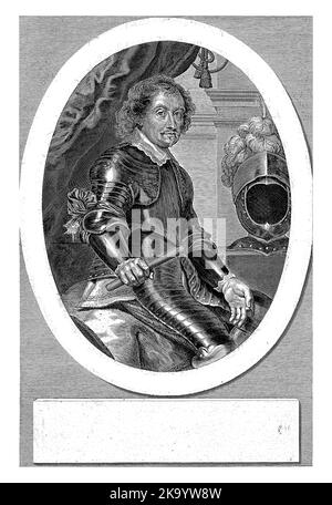 Ritratto del governatore in Brasile, Johan Maurits van Nassau-Siegen, in armatura. A destra un casco e in mano un comandante. Foto Stock