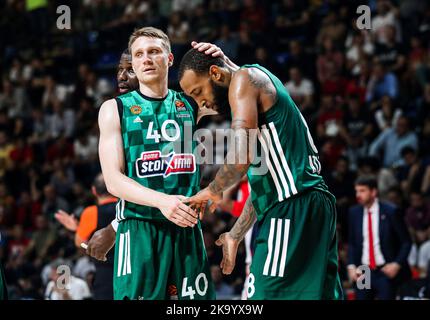 Belgrado, Serbia, 13th ottobre 2022. Marius Grigonis di Panathinaicos Atene reagisce durante la partita della Turkish Airlines Eurolega Round 2 tra Crvena Zvezda MTS Belgrado e Panathinaikos Athens alla Aleksandar Nikolic Hall di Belgrado, Serbia. Ottobre 29, 2022. Credito: Nikola Krstic/Alamy Foto Stock